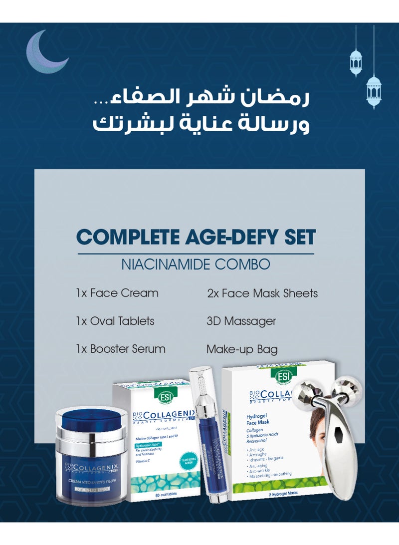 ESI Biocollagenix Niacinamide Combo Ramadan Set – Face Cream Filler, Booster Serum, 60 Collagen Tablets & Hydrogel Face Mask for Bright, Firm, Hydrated, Smooth Skin, 3D Massager & Make-up Bag - Image 1